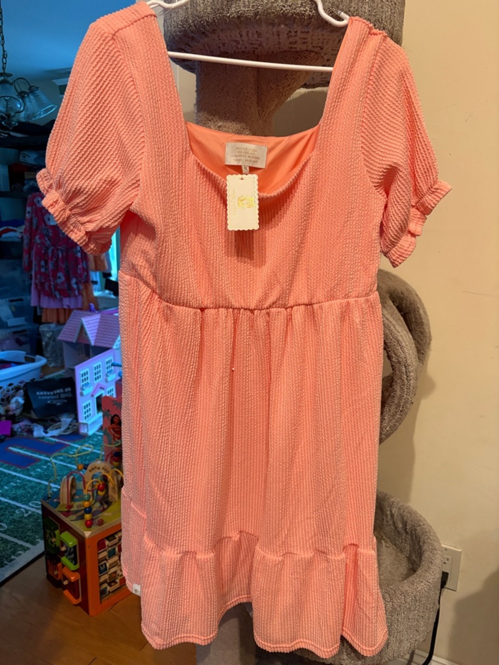 Pink Textured Square-Neck Babydoll Dress